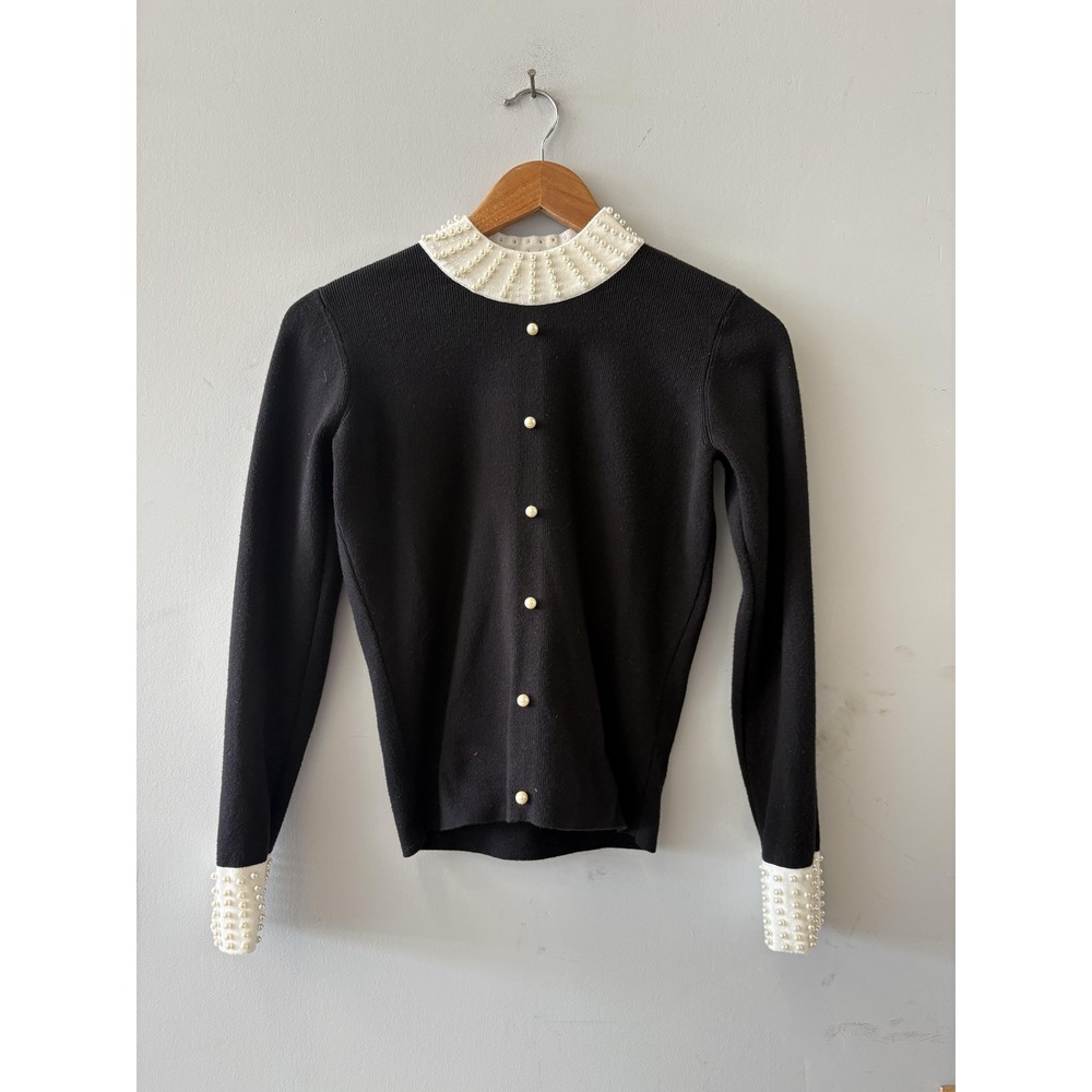 By Design Sweater Womens XS Black Pearl Beaded Mock Neck Button Pullover Knit